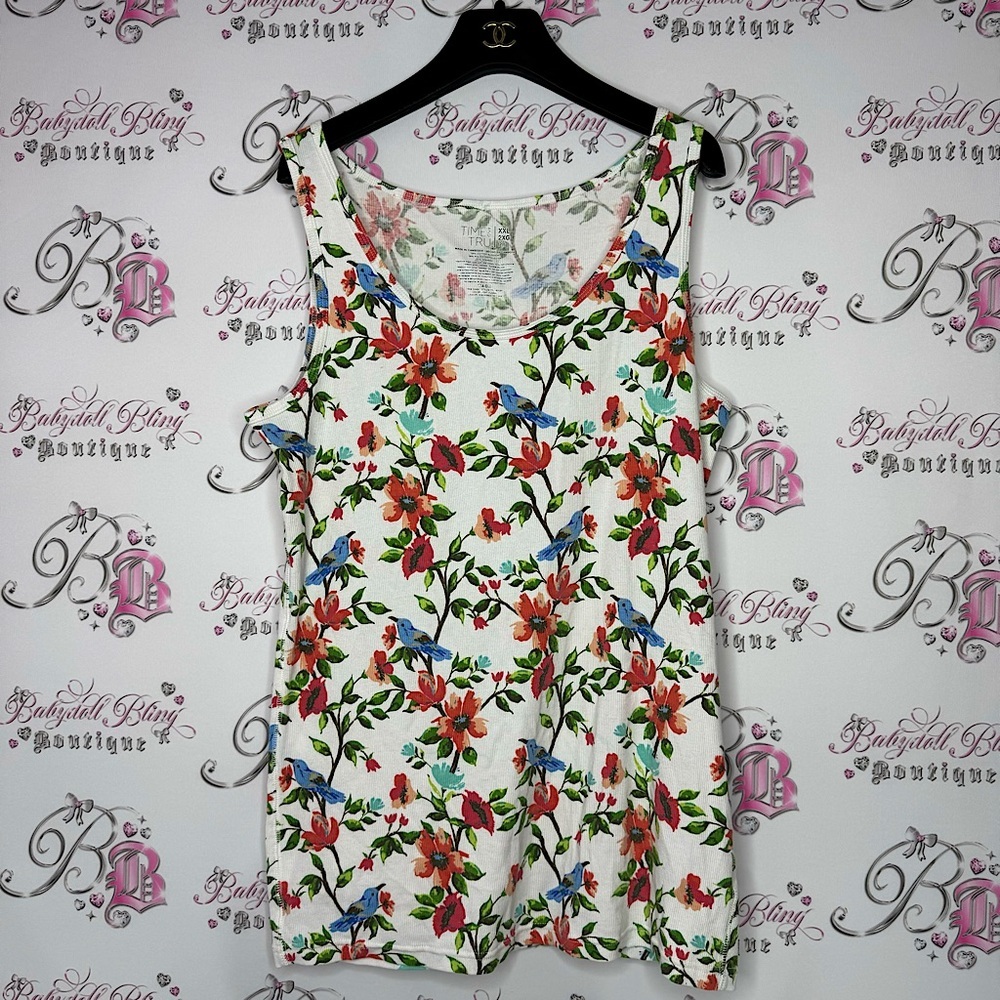 Time & tru tank top bird blue floral flowers ribbed stretchy birds leafs cute